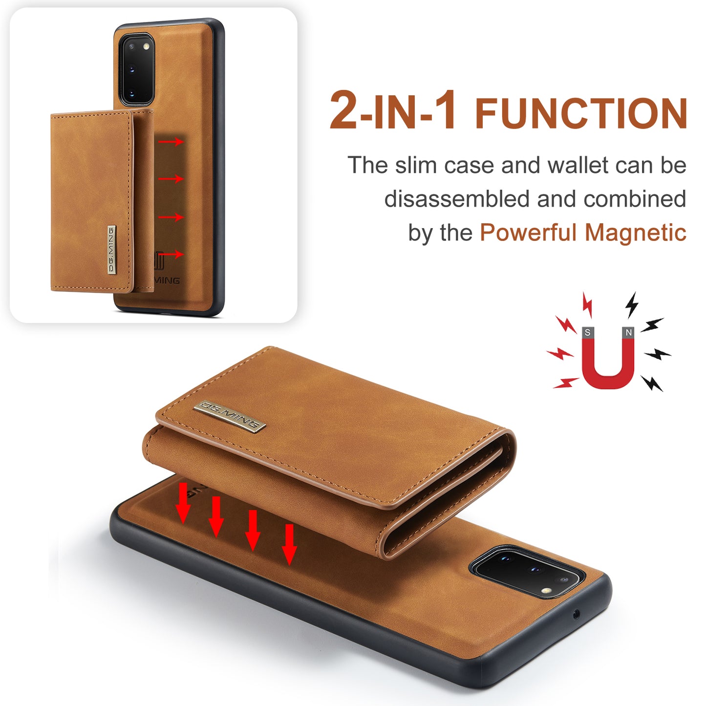DG.MING M1 Series Powerful Magnet Wireless Charging Anti-Scratch Detachable Wallet 2-in-1 Hybrid Phone Shell with Kickstand for Samsung Galaxy S20 4G/S20 5G - Brown