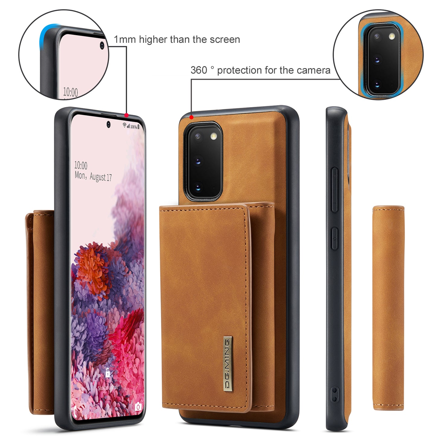DG.MING M1 Series Powerful Magnet Wireless Charging Anti-Scratch Detachable Wallet 2-in-1 Hybrid Phone Shell with Kickstand for Samsung Galaxy S20 4G/S20 5G - Brown