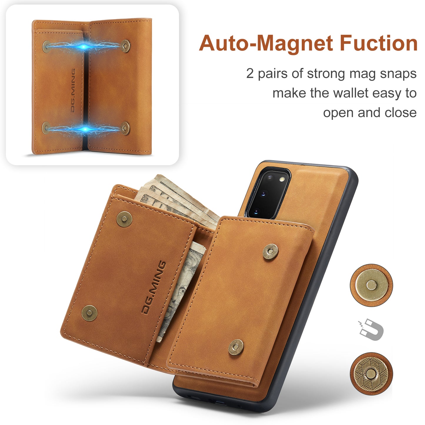 DG.MING M1 Series Powerful Magnet Wireless Charging Anti-Scratch Detachable Wallet 2-in-1 Hybrid Phone Shell with Kickstand for Samsung Galaxy S20 4G/S20 5G - Brown