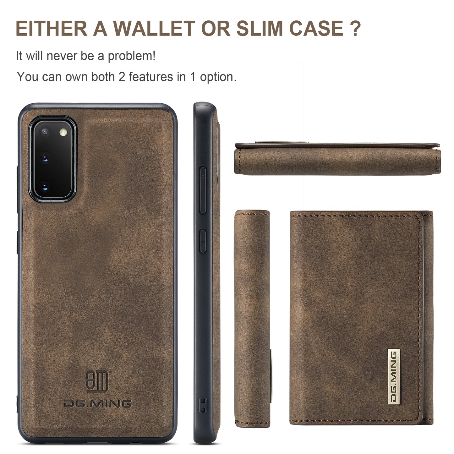 DG.MING M1 Series Powerful Magnet Wireless Charging Anti-Scratch Detachable Wallet 2-in-1 Hybrid Phone Shell with Kickstand for Samsung Galaxy S20 4G/S20 5G - Coffee