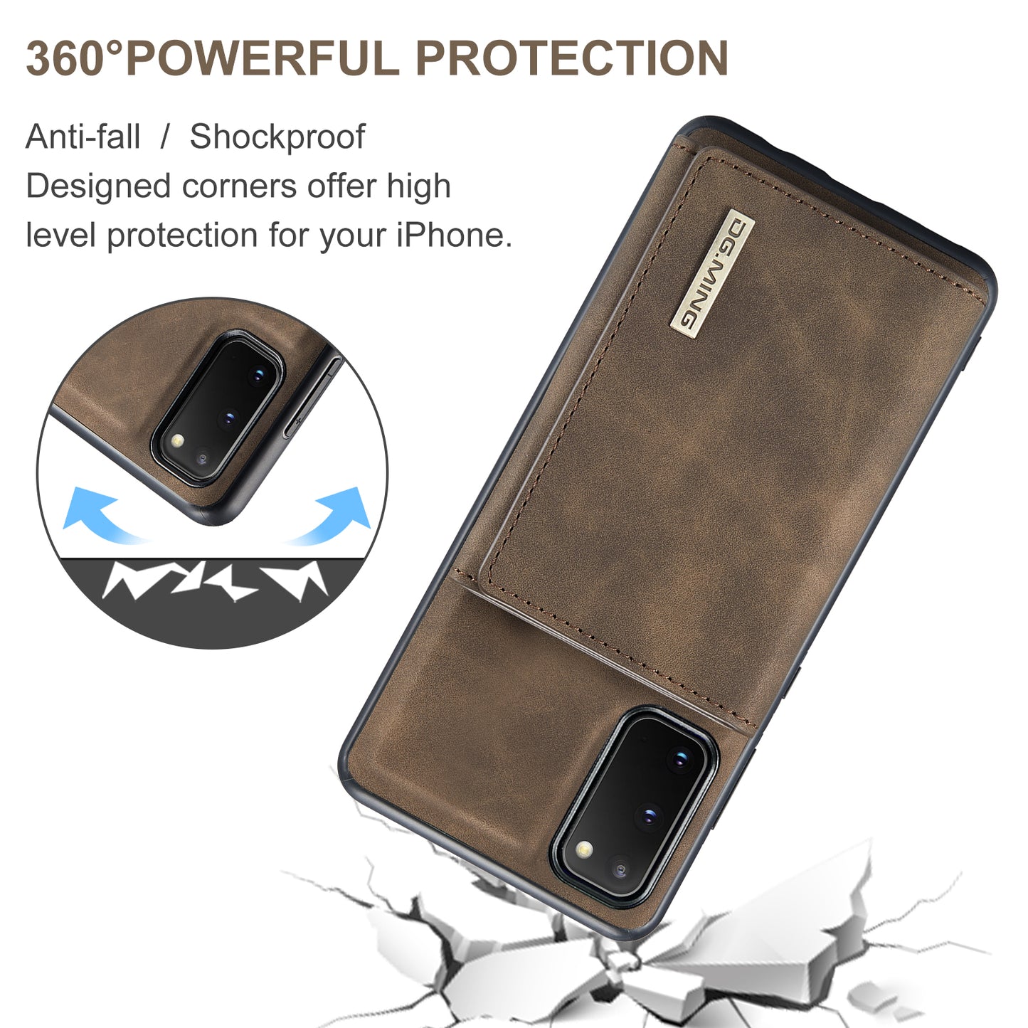 DG.MING M1 Series Powerful Magnet Wireless Charging Anti-Scratch Detachable Wallet 2-in-1 Hybrid Phone Shell with Kickstand for Samsung Galaxy S20 4G/S20 5G - Coffee