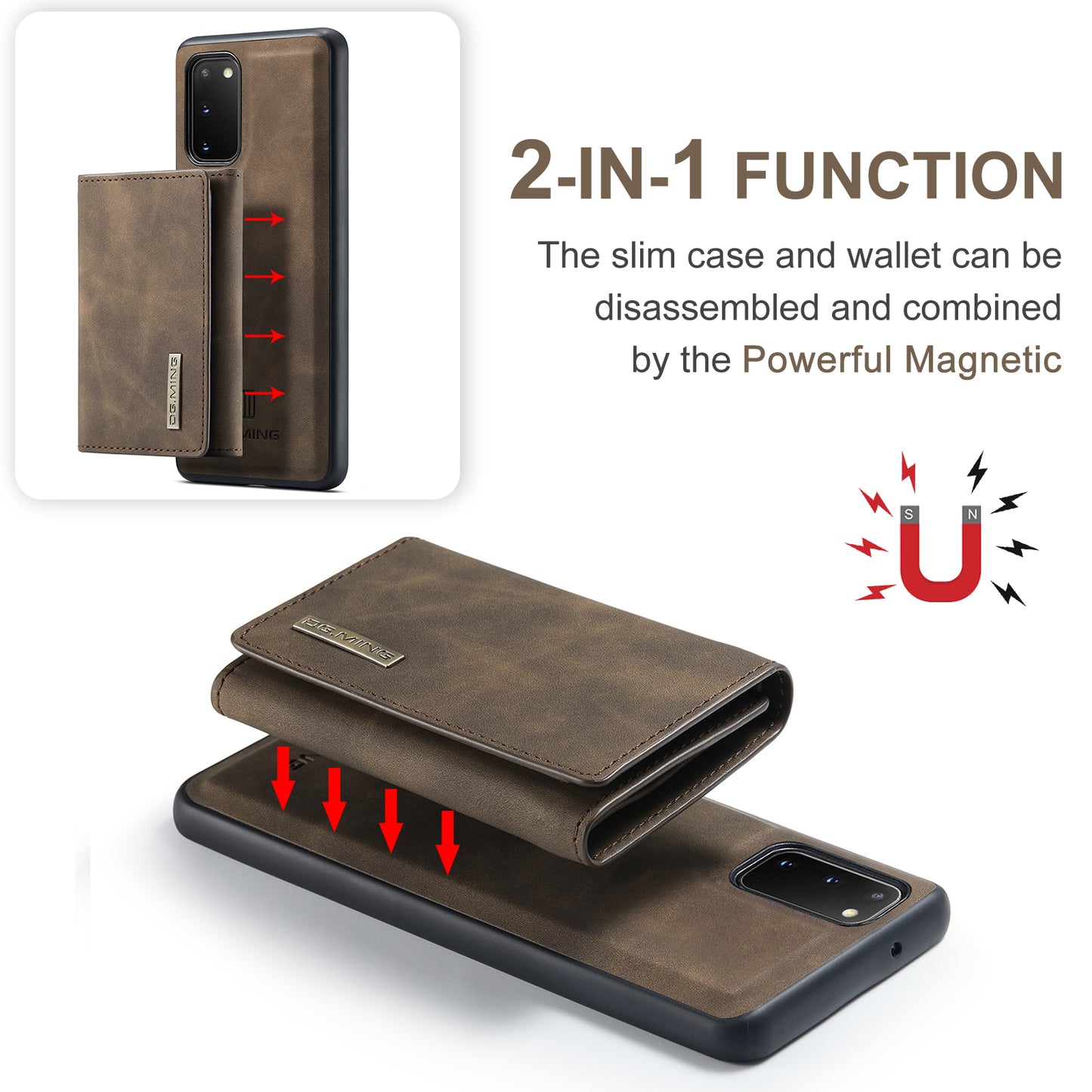 DG.MING M1 Series Powerful Magnet Wireless Charging Anti-Scratch Detachable Wallet 2-in-1 Hybrid Phone Shell with Kickstand for Samsung Galaxy S20 4G/S20 5G - Coffee