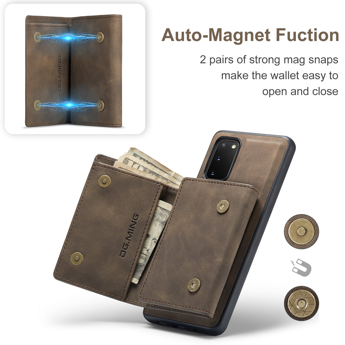 DG.MING M1 Series Powerful Magnet Wireless Charging Anti-Scratch Detachable Wallet 2-in-1 Hybrid Phone Shell with Kickstand for Samsung Galaxy S20 4G/S20 5G - Coffee
