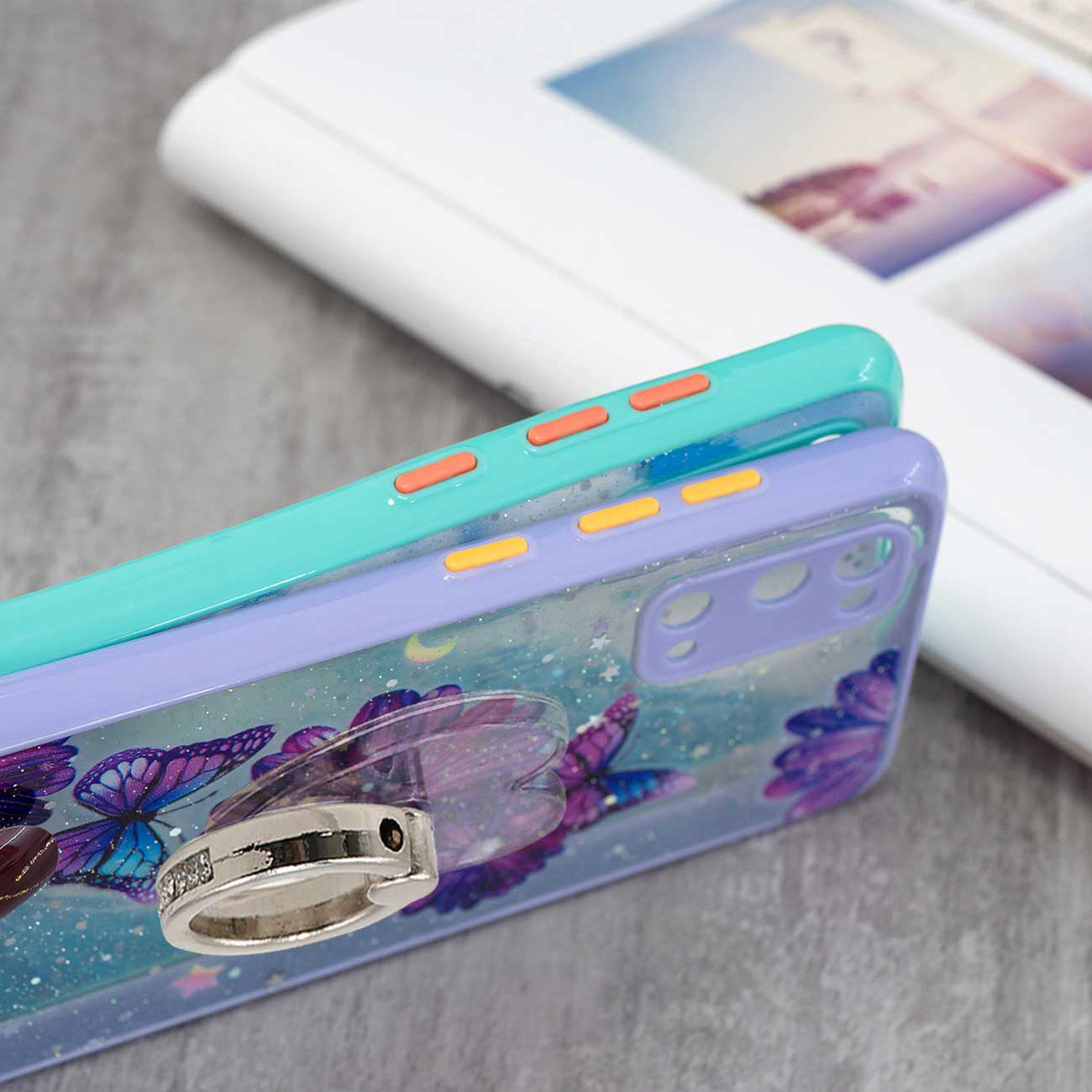 Soft TPU + Hard PC Back Cover Pattern Printing Precise Cutout Epoxy Case with Rotating Ring Kickstand for Samsung Galaxy S20 4G/S20 5G - Purple Flower Butterfly