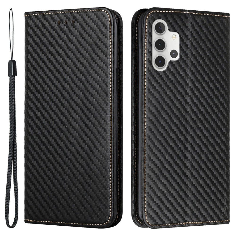 Carbon Fiber Texture Magnetic Closure Leather Cover Stand Case with Strap for Samsung Galaxy A32 5G/M32 5G - Black