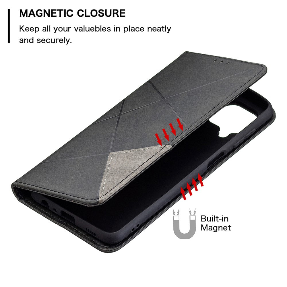 For Samsung Galaxy M32 (Global Version) Card Holder Design Rhombus-Like Imprinting Shock-Absorbed Leather Stand Case Shell - Black