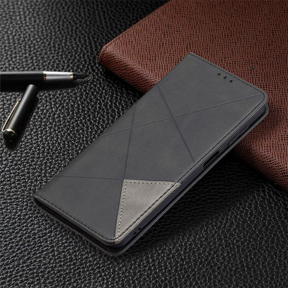 For Samsung Galaxy M32 (Global Version) Card Holder Design Rhombus-Like Imprinting Shock-Absorbed Leather Stand Case Shell - Black