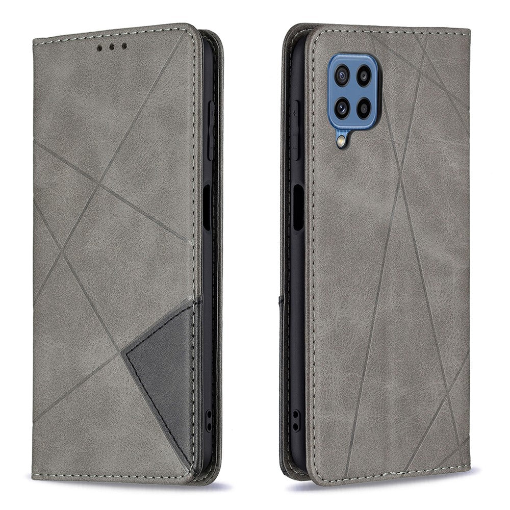 For Samsung Galaxy M32 (Global Version) Card Holder Design Rhombus-Like Imprinting Shock-Absorbed Leather Stand Case Shell - Grey