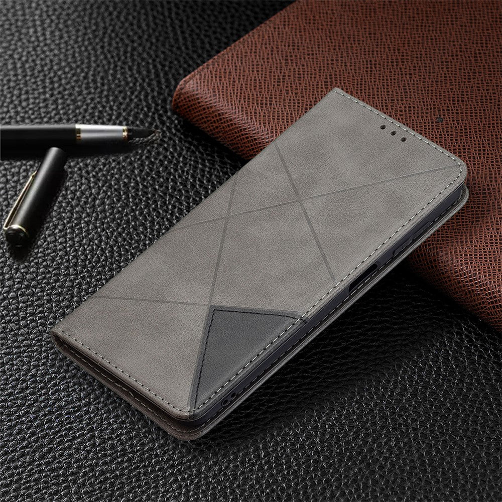 For Samsung Galaxy M32 (Global Version) Card Holder Design Rhombus-Like Imprinting Shock-Absorbed Leather Stand Case Shell - Grey