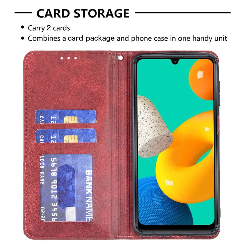 For Samsung Galaxy M32 (Global Version) Card Holder Design Rhombus-Like Imprinting Shock-Absorbed Leather Stand Case Shell - Red
