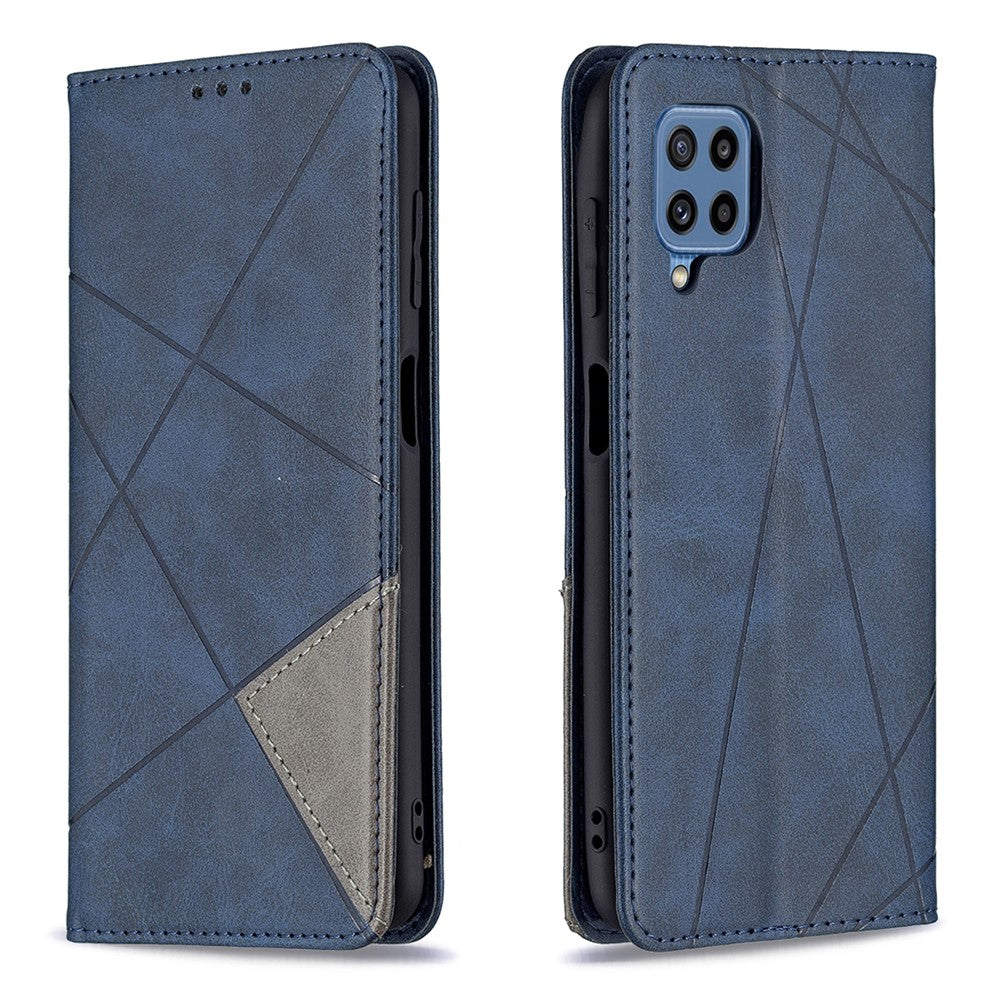 For Samsung Galaxy M32 (Global Version) Card Holder Design Rhombus-Like Imprinting Shock-Absorbed Leather Stand Case Shell - Blue