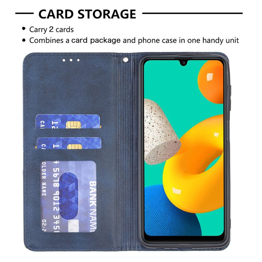 For Samsung Galaxy M32 (Global Version) Card Holder Design Rhombus-Like Imprinting Shock-Absorbed Leather Stand Case Shell - Blue