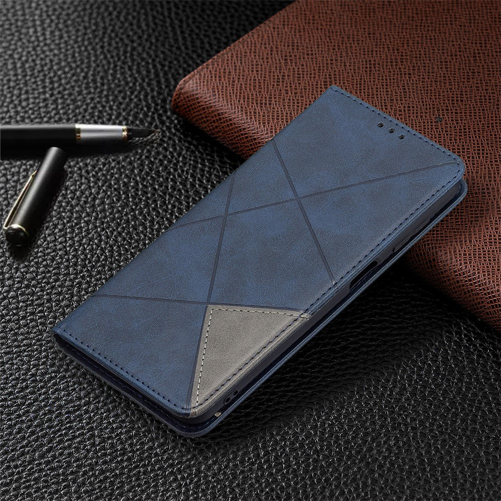 For Samsung Galaxy M32 (Global Version) Card Holder Design Rhombus-Like Imprinting Shock-Absorbed Leather Stand Case Shell - Blue