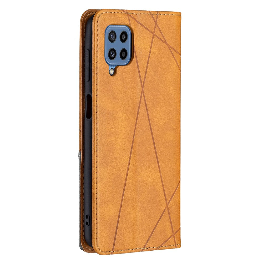 For Samsung Galaxy M32 (Global Version) Card Holder Design Rhombus-Like Imprinting Shock-Absorbed Leather Stand Case Shell - Yellow