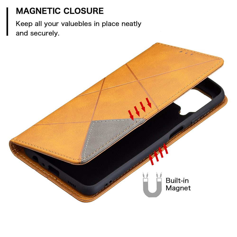 For Samsung Galaxy M32 (Global Version) Card Holder Design Rhombus-Like Imprinting Shock-Absorbed Leather Stand Case Shell - Yellow