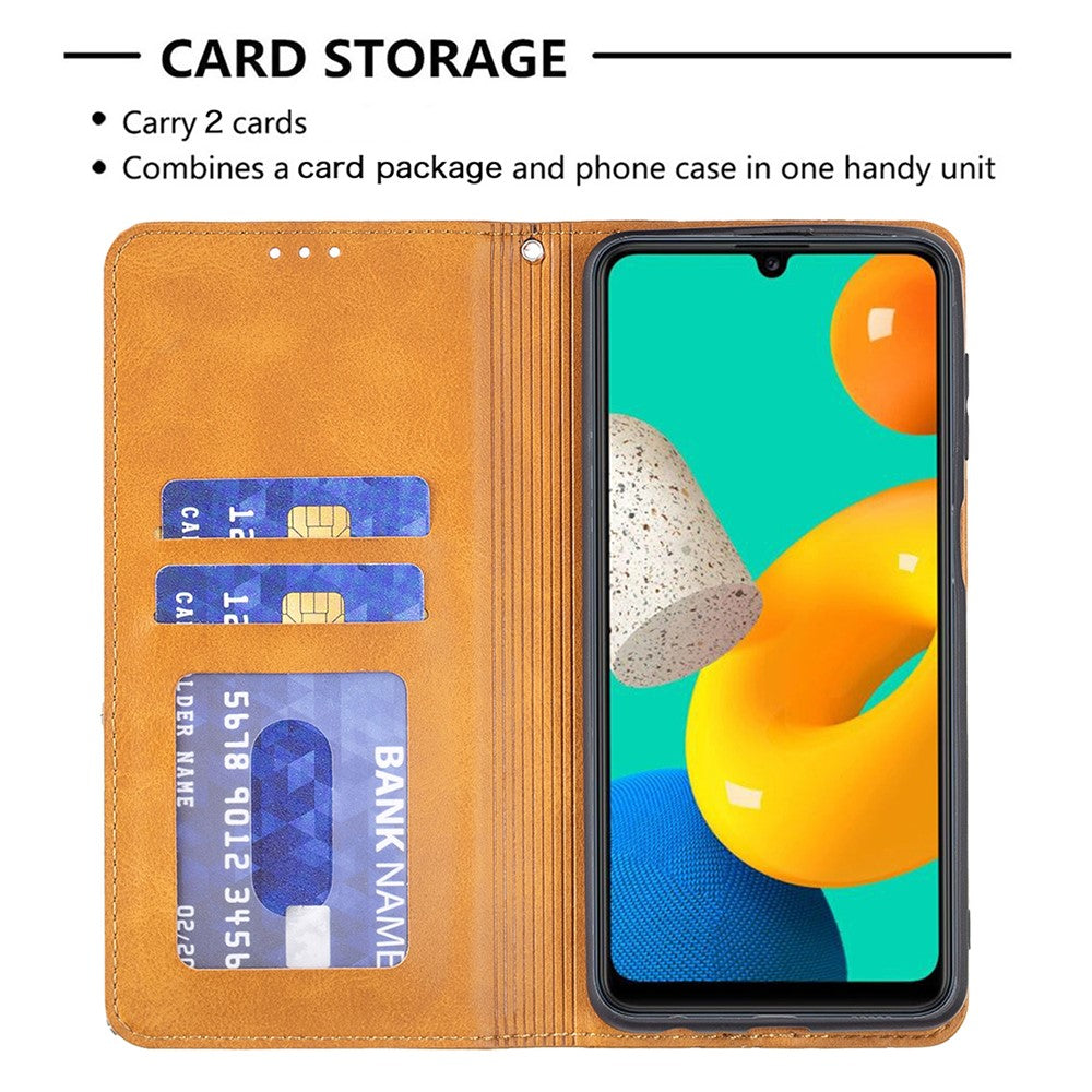 For Samsung Galaxy M32 (Global Version) Card Holder Design Rhombus-Like Imprinting Shock-Absorbed Leather Stand Case Shell - Yellow