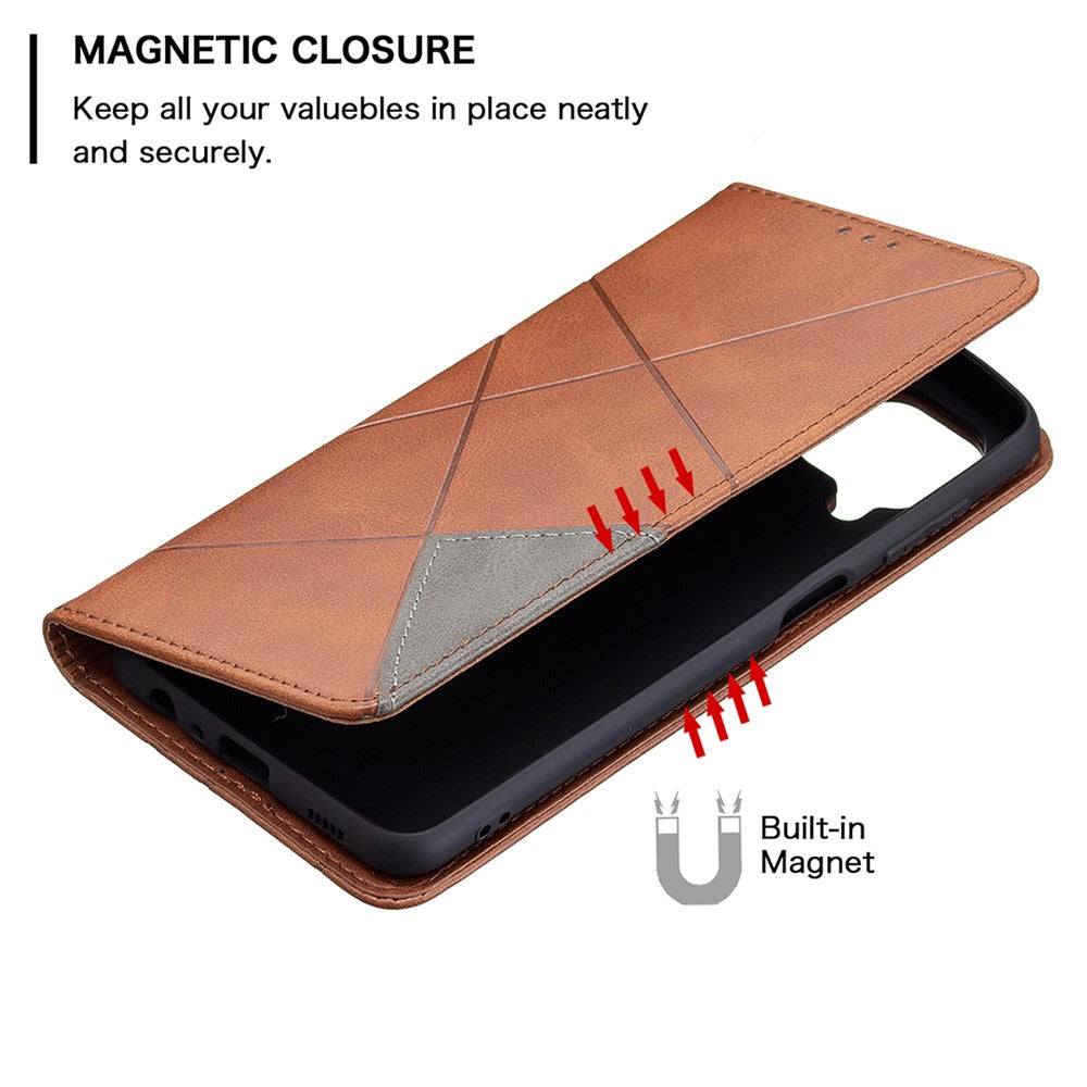 For Samsung Galaxy M32 (Global Version) Card Holder Design Rhombus-Like Imprinting Shock-Absorbed Leather Stand Case Shell - Brown