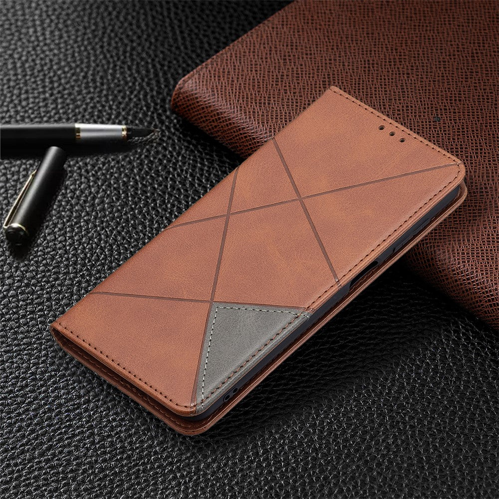 For Samsung Galaxy M32 (Global Version) Card Holder Design Rhombus-Like Imprinting Shock-Absorbed Leather Stand Case Shell - Brown