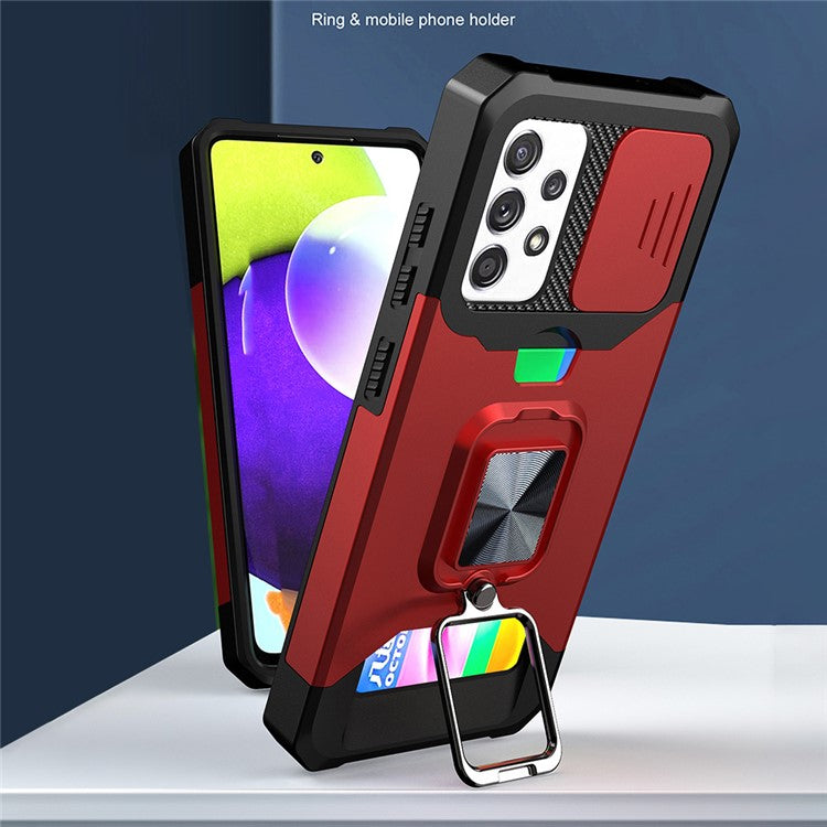 All-Inclusive Hybrid Phone Case Cover Shell with Camera Slider + Back Card Holder + Built-in Metal Sheet for Samsung Galaxy A52 4G/5G/A52s 5G - Rose Gold