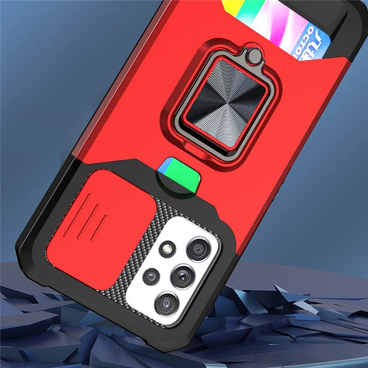 All-Inclusive Hybrid Phone Case Cover Shell with Camera Slider + Back Card Holder + Built-in Metal Sheet for Samsung Galaxy A52 4G/5G/A52s 5G - Rose Gold