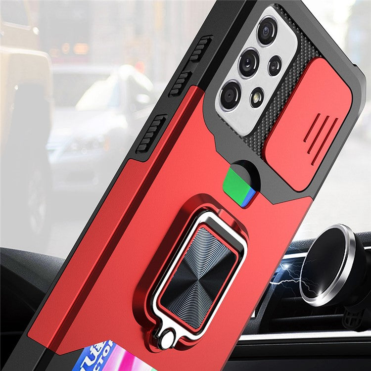 All-Inclusive Hybrid Phone Case Cover Shell with Camera Slider + Back Card Holder + Built-in Metal Sheet for Samsung Galaxy A52 4G/5G/A52s 5G - Rose Gold