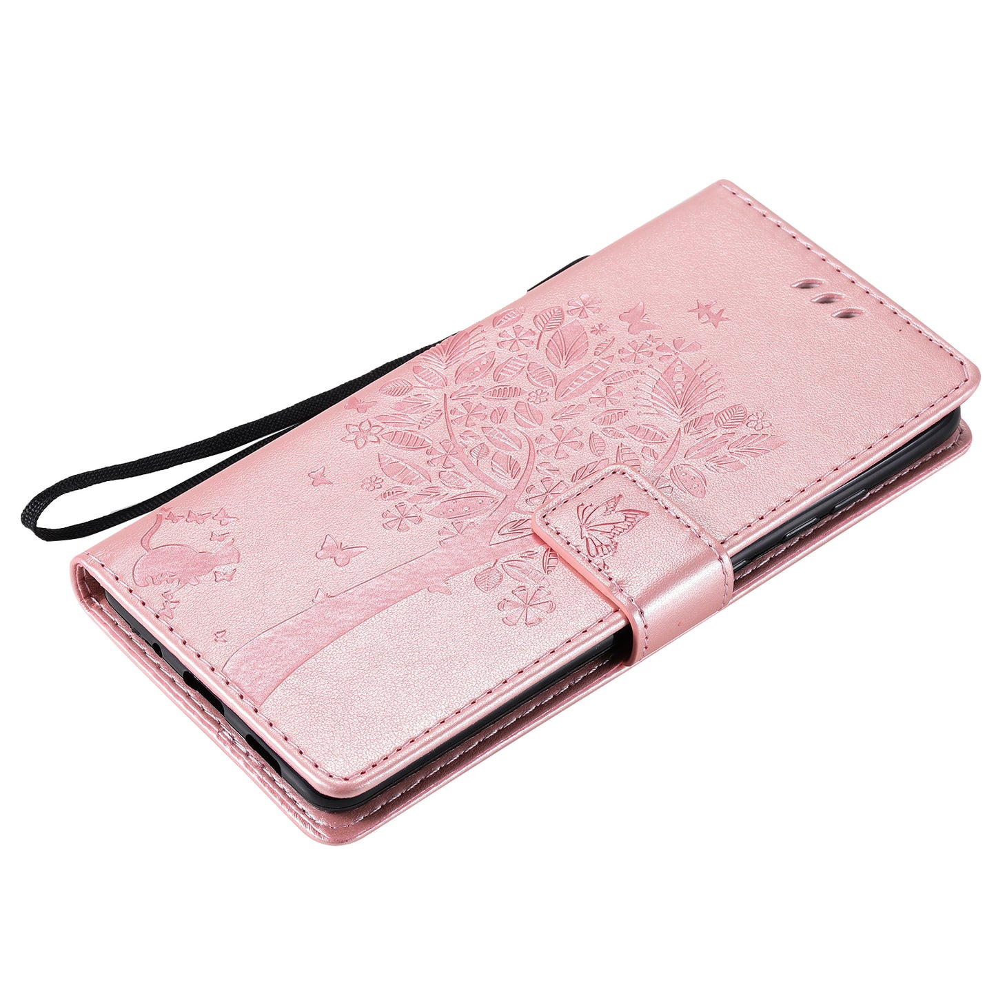 Wallet Stand Design Full Protection KT Imprinting Flower Series-3 Cat and Tree Imprinting Leather Cover + TPU Inner Phone Case for Samsung Galaxy S20 FE 2022/S20 FE 4G/S20 FE 5G/S20 Lite - Rose Gold