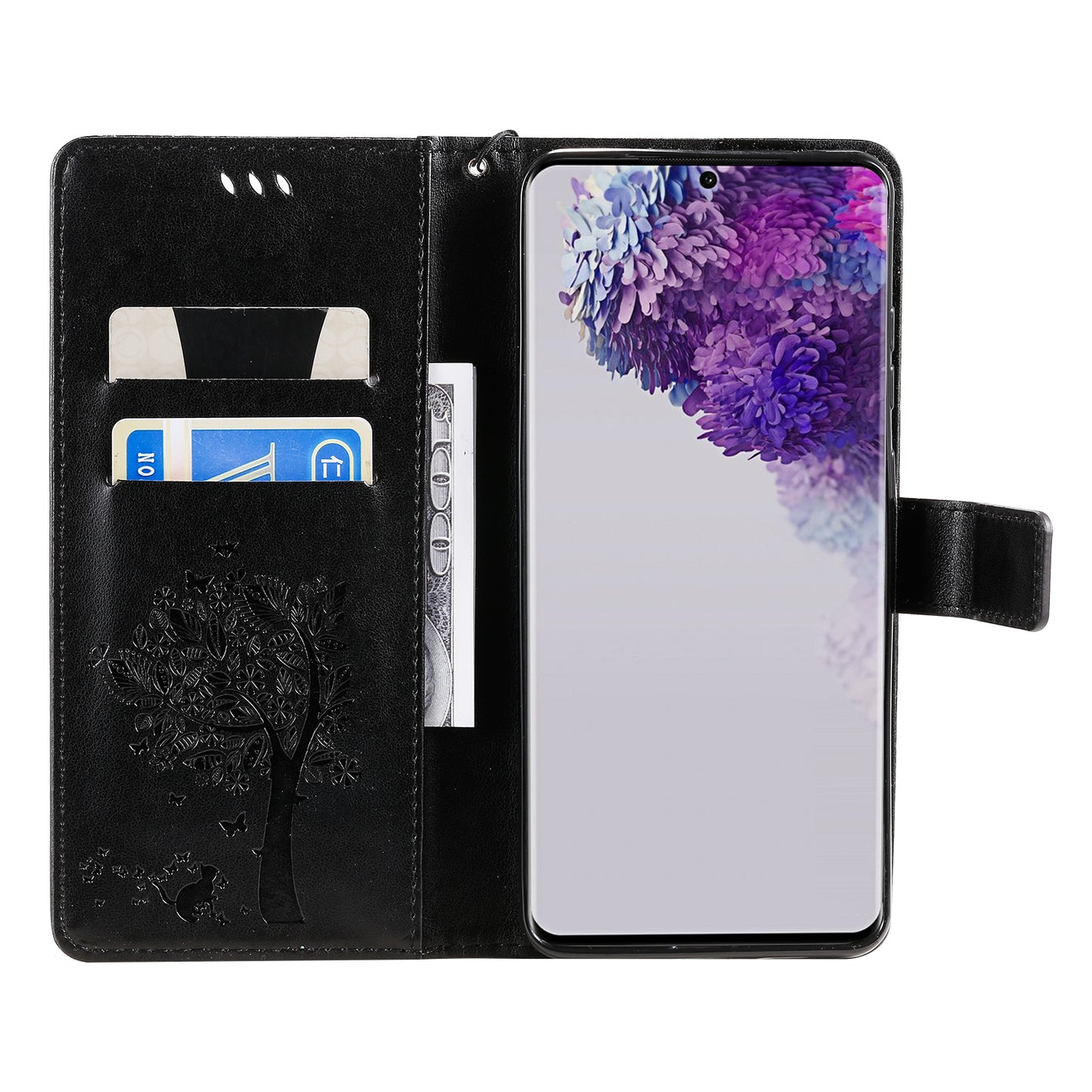 All-Inclusive KT Imprinting Flower Series-3 Cat and Tree Imprinting Wallet Stand Design Leather Cover + TPU Inner Phone Case for Samsung Galaxy S20 Ultra - Black
