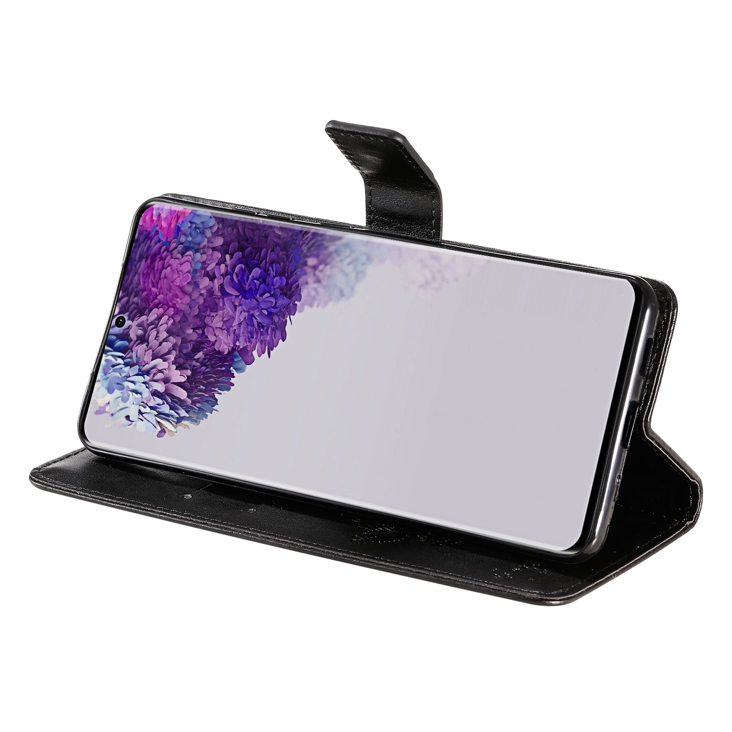 All-Inclusive KT Imprinting Flower Series-3 Cat and Tree Imprinting Wallet Stand Design Leather Cover + TPU Inner Phone Case for Samsung Galaxy S20 Ultra - Black