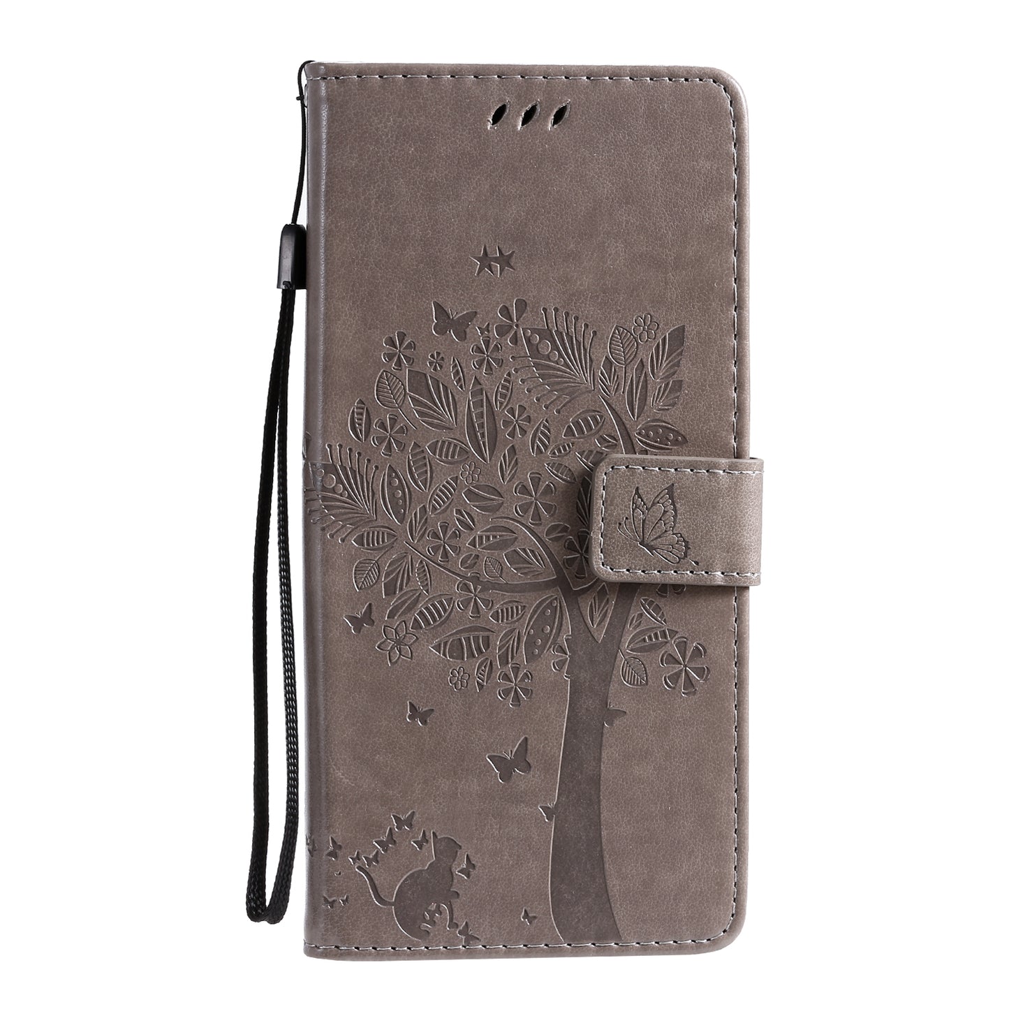 All-Inclusive KT Imprinting Flower Series-3 Cat and Tree Imprinting Wallet Stand Design Leather Cover + TPU Inner Phone Case for Samsung Galaxy S20 Ultra - Grey