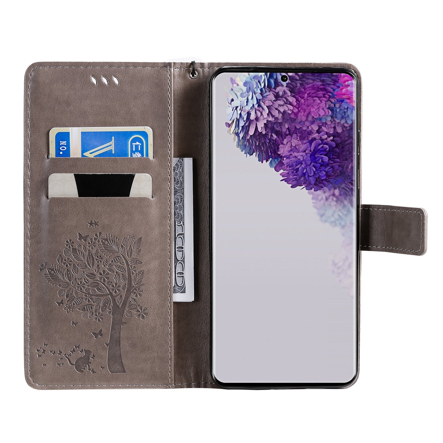 All-Inclusive KT Imprinting Flower Series-3 Cat and Tree Imprinting Wallet Stand Design Leather Cover + TPU Inner Phone Case for Samsung Galaxy S20 Ultra - Grey