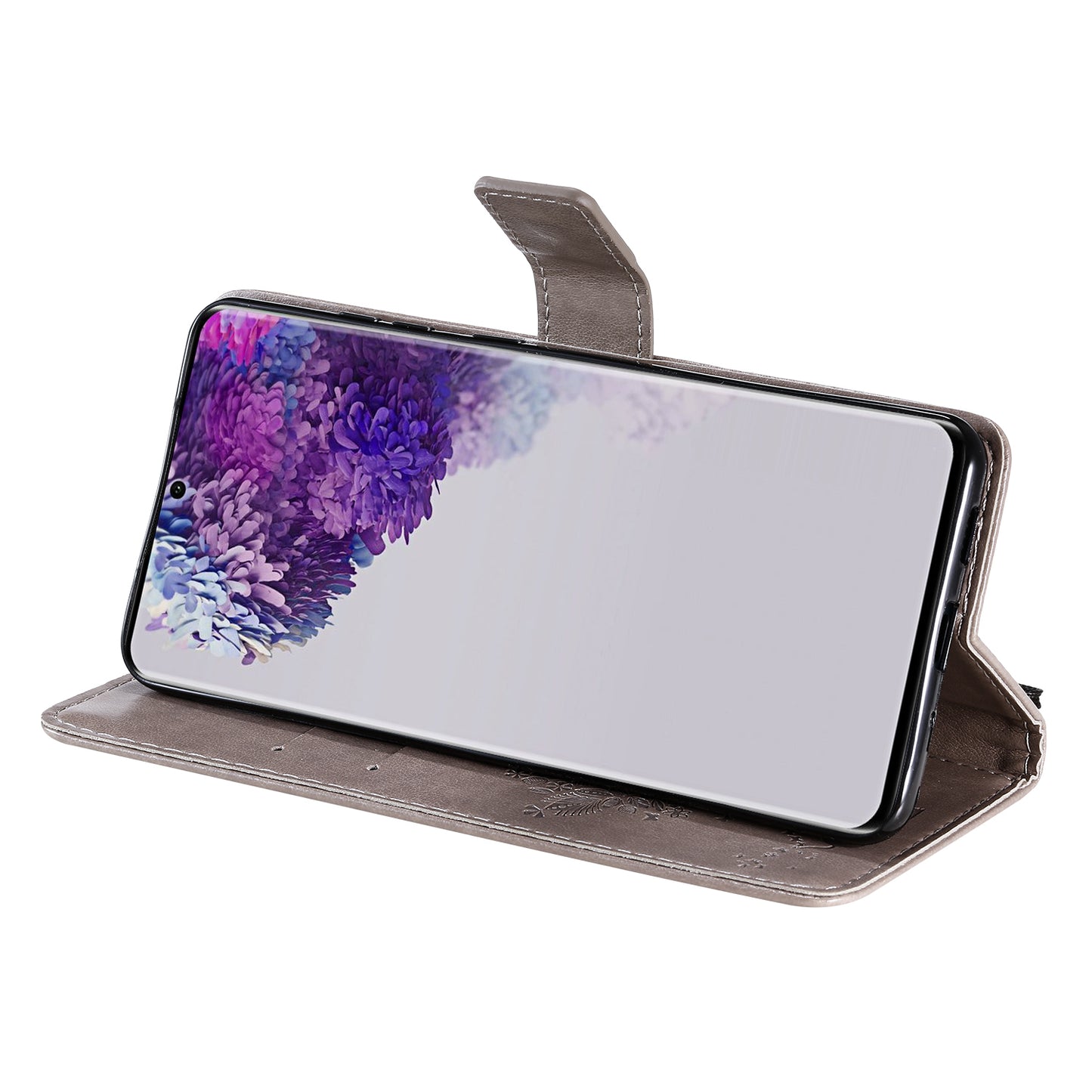 All-Inclusive KT Imprinting Flower Series-3 Cat and Tree Imprinting Wallet Stand Design Leather Cover + TPU Inner Phone Case for Samsung Galaxy S20 Ultra - Grey