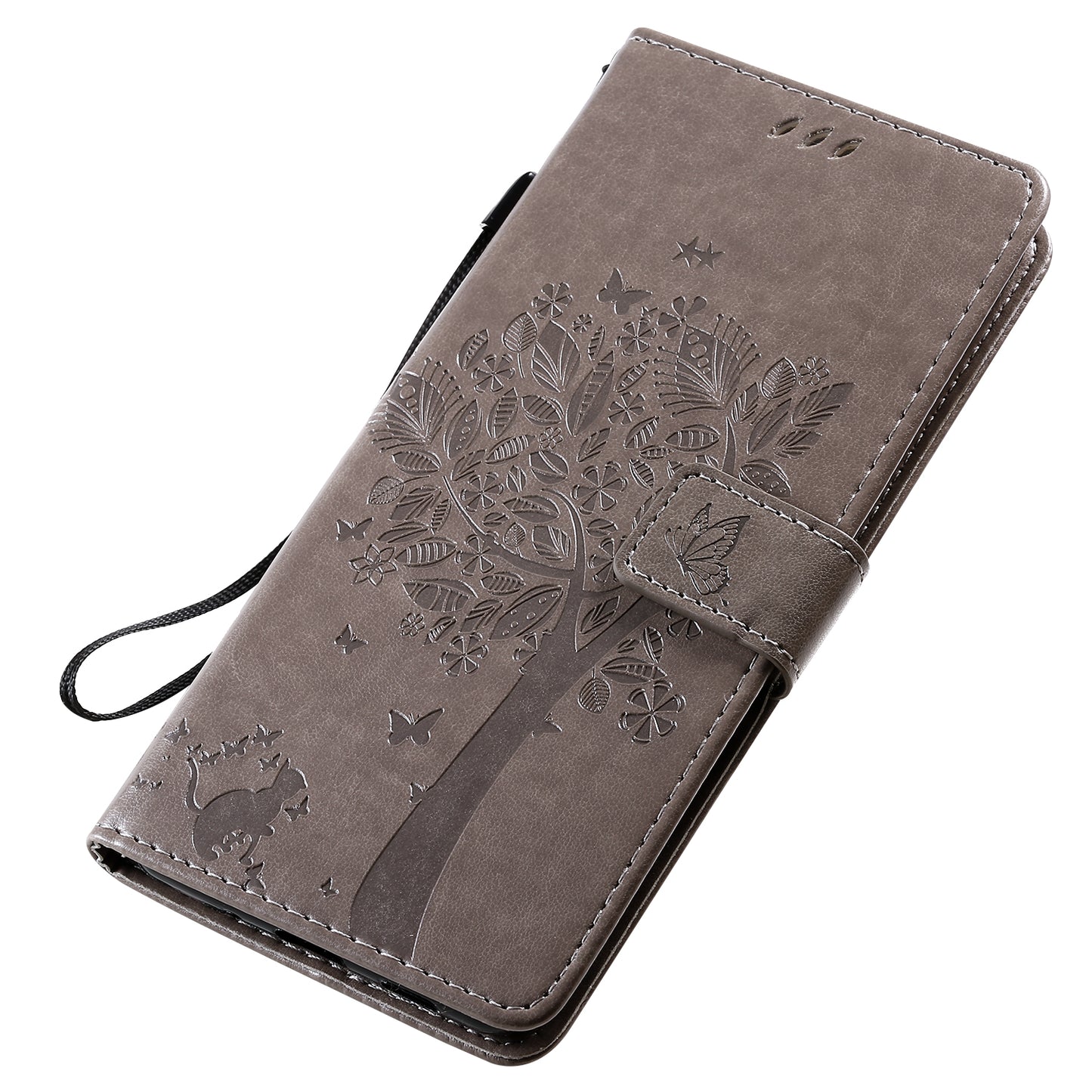 All-Inclusive KT Imprinting Flower Series-3 Cat and Tree Imprinting Wallet Stand Design Leather Cover + TPU Inner Phone Case for Samsung Galaxy S20 Ultra - Grey