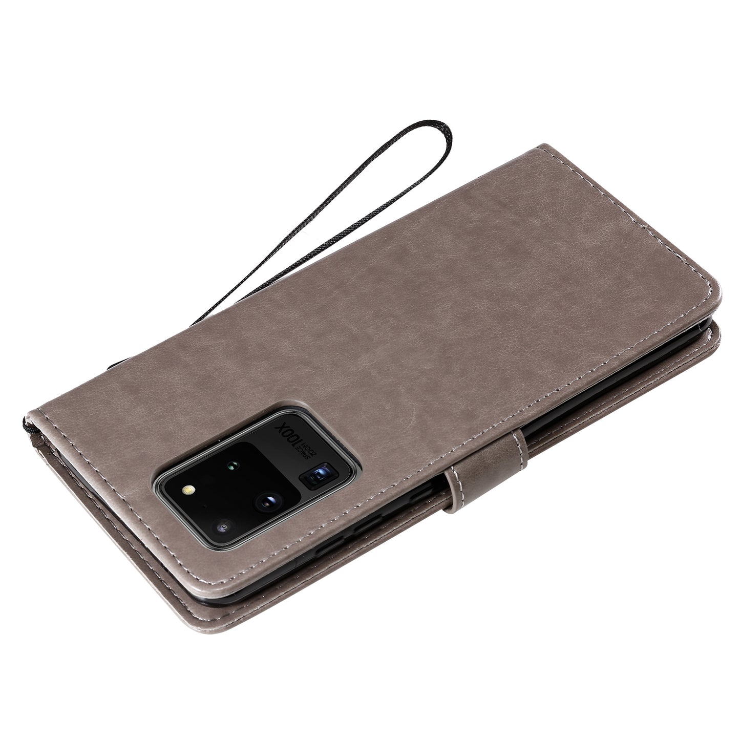 All-Inclusive KT Imprinting Flower Series-3 Cat and Tree Imprinting Wallet Stand Design Leather Cover + TPU Inner Phone Case for Samsung Galaxy S20 Ultra - Grey