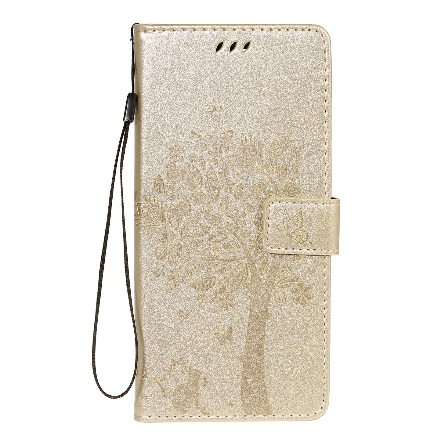 All-Inclusive KT Imprinting Flower Series-3 Cat and Tree Imprinting Wallet Stand Design Leather Cover + TPU Inner Phone Case for Samsung Galaxy S20 Ultra - Gold