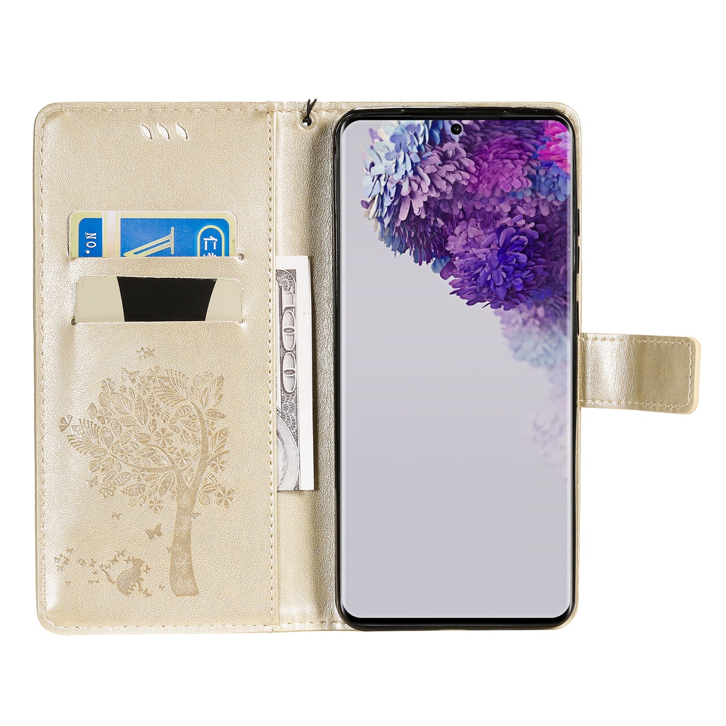 All-Inclusive KT Imprinting Flower Series-3 Cat and Tree Imprinting Wallet Stand Design Leather Cover + TPU Inner Phone Case for Samsung Galaxy S20 Ultra - Gold