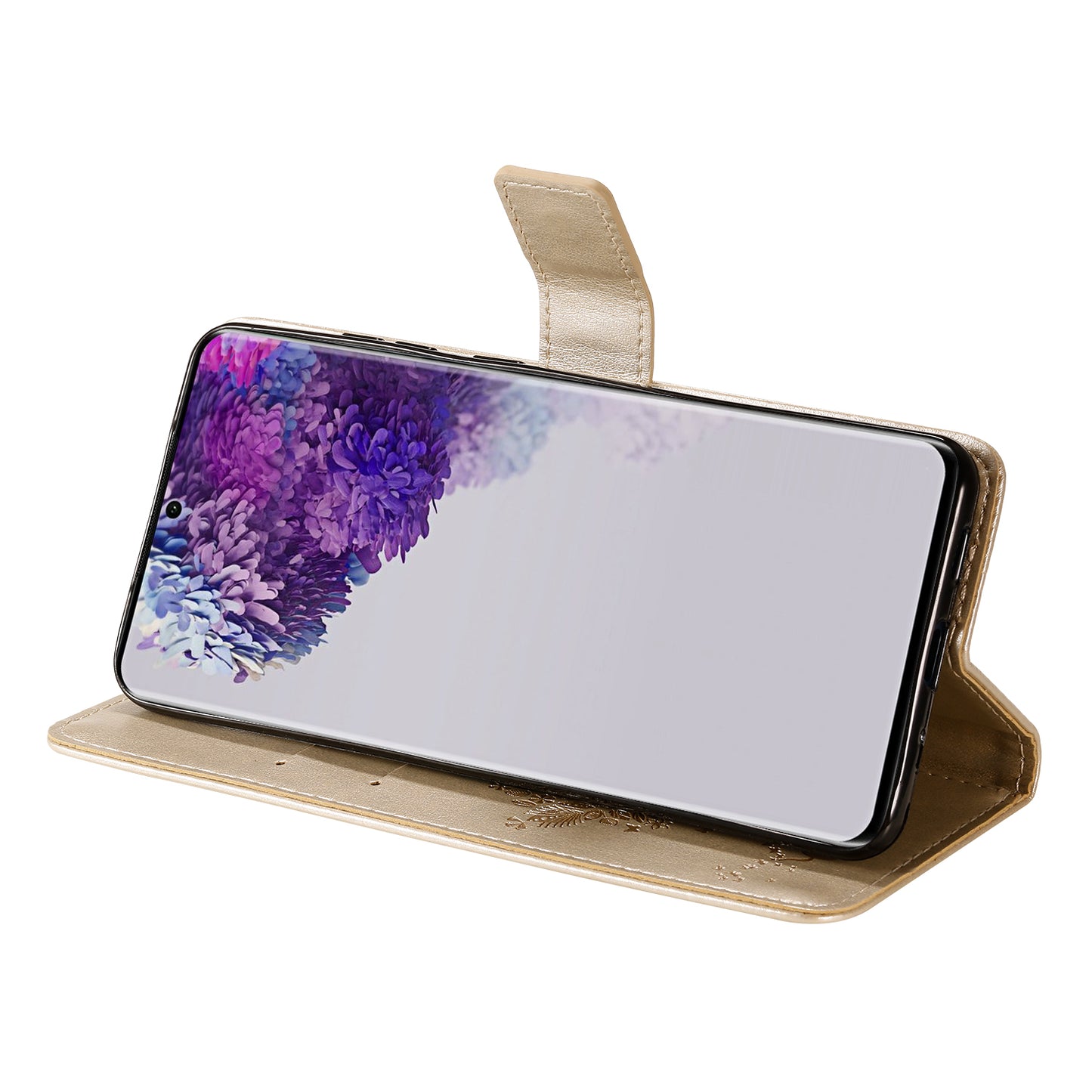 All-Inclusive KT Imprinting Flower Series-3 Cat and Tree Imprinting Wallet Stand Design Leather Cover + TPU Inner Phone Case for Samsung Galaxy S20 Ultra - Gold