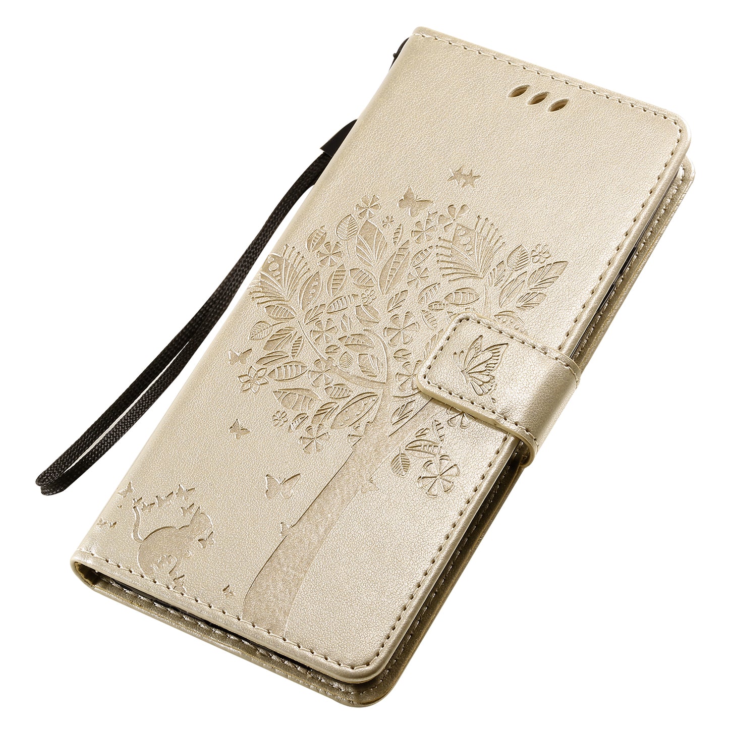 All-Inclusive KT Imprinting Flower Series-3 Cat and Tree Imprinting Wallet Stand Design Leather Cover + TPU Inner Phone Case for Samsung Galaxy S20 Ultra - Gold