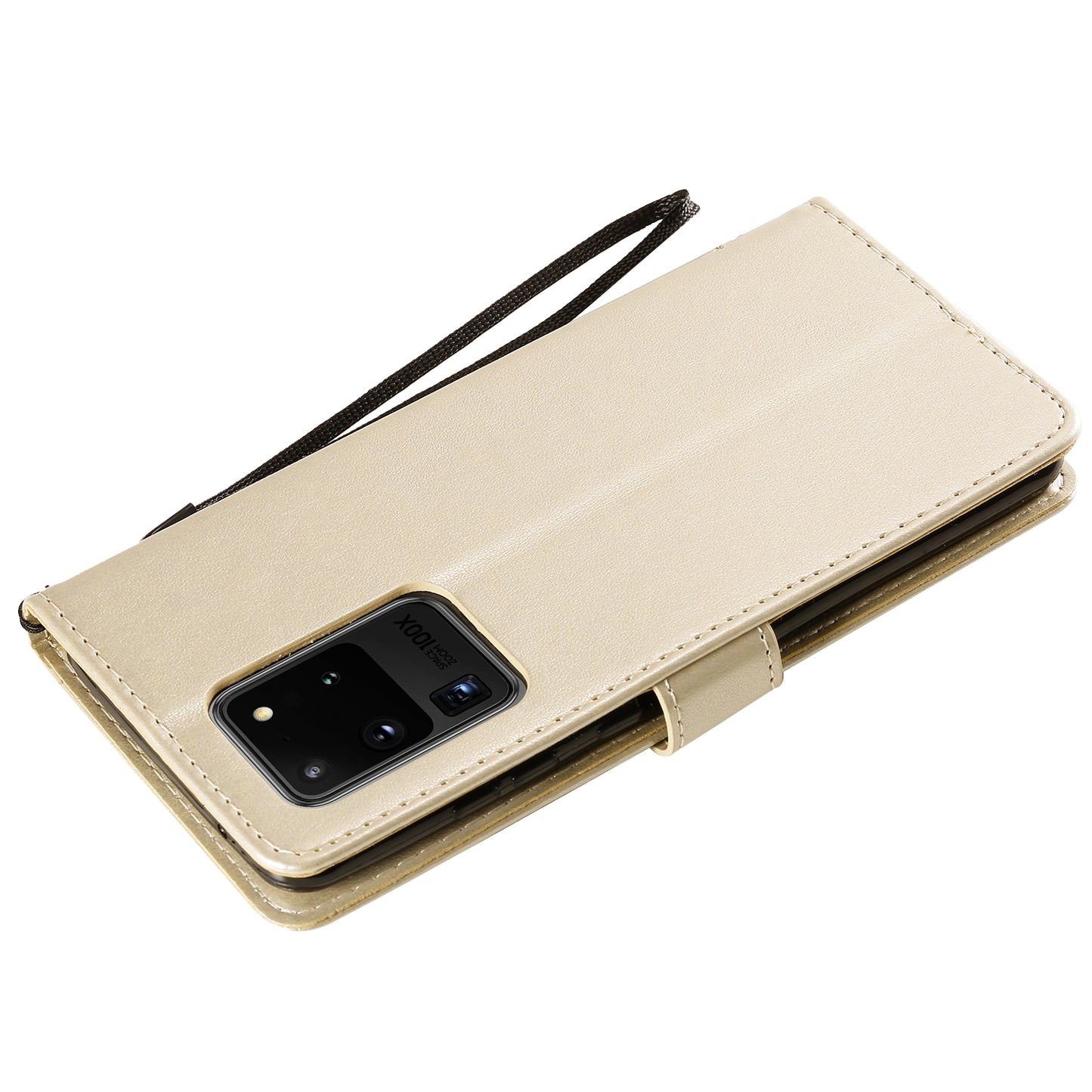 All-Inclusive KT Imprinting Flower Series-3 Cat and Tree Imprinting Wallet Stand Design Leather Cover + TPU Inner Phone Case for Samsung Galaxy S20 Ultra - Gold