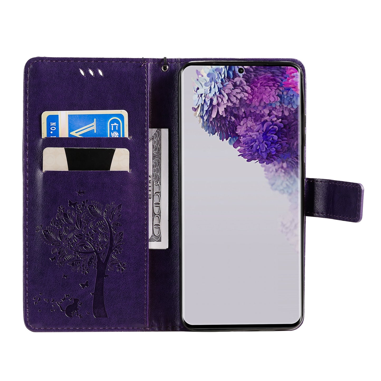 All-Inclusive KT Imprinting Flower Series-3 Cat and Tree Imprinting Wallet Stand Design Leather Cover + TPU Inner Phone Case for Samsung Galaxy S20 Ultra - Purple