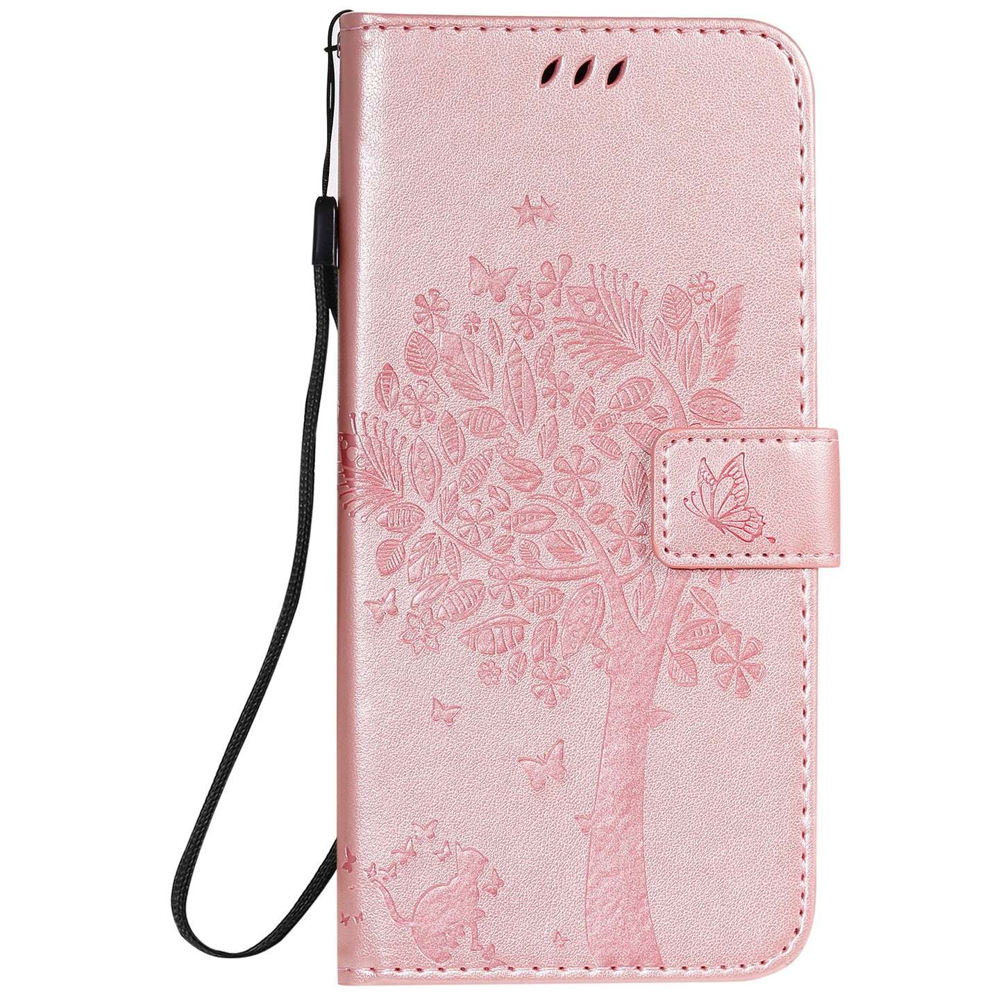 KT Imprinting Flower Series-3 Cat and Tree Imprinting Adjustable Stand Design Leather Cover + TPU Inner Phone Wallet Case for Samsung Galaxy S20 4G/S20 5G - Rose Gold