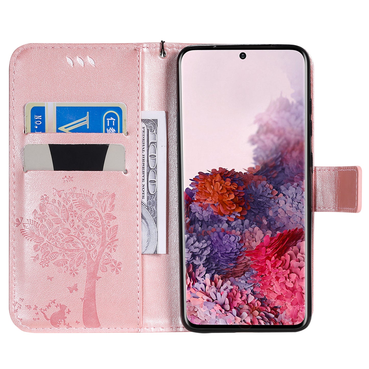 KT Imprinting Flower Series-3 Cat and Tree Imprinting Adjustable Stand Design Leather Cover + TPU Inner Phone Wallet Case for Samsung Galaxy S20 4G/S20 5G - Rose Gold
