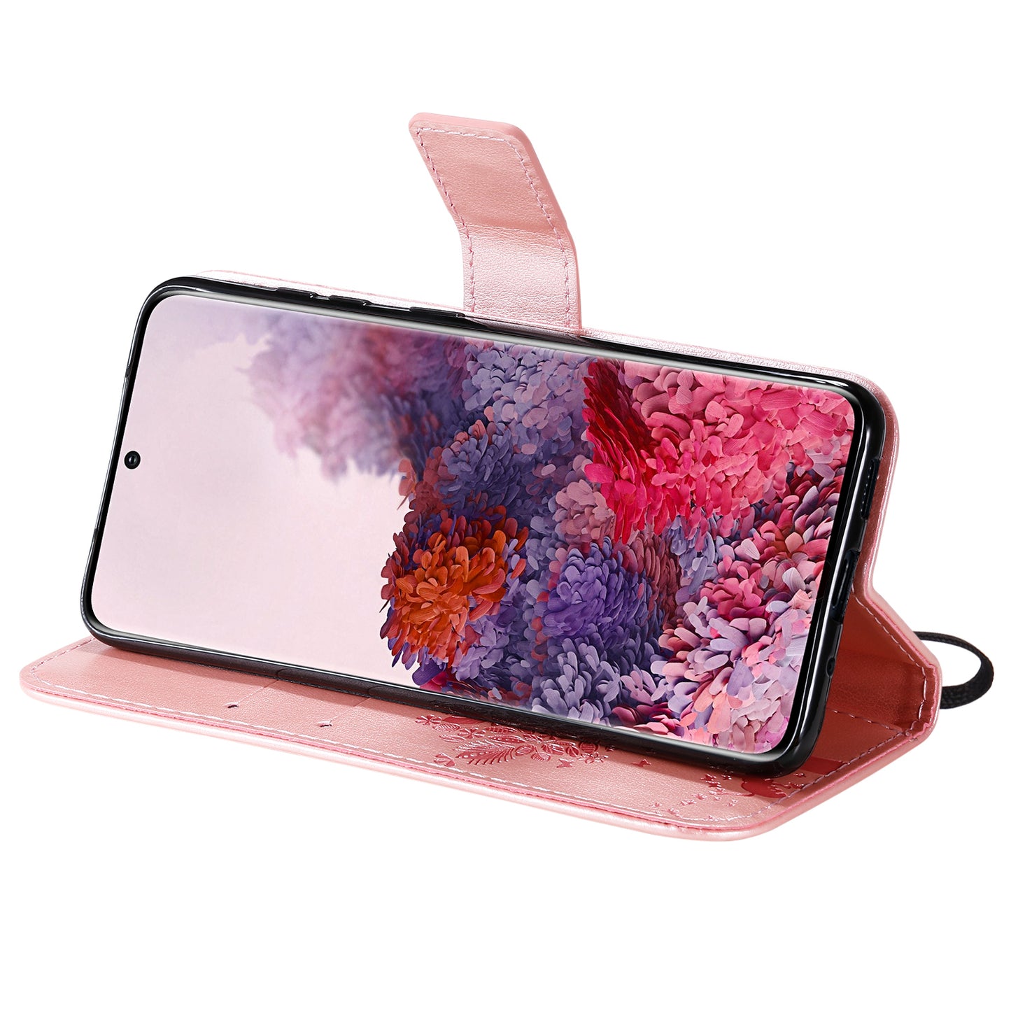 KT Imprinting Flower Series-3 Cat and Tree Imprinting Adjustable Stand Design Leather Cover + TPU Inner Phone Wallet Case for Samsung Galaxy S20 4G/S20 5G - Rose Gold