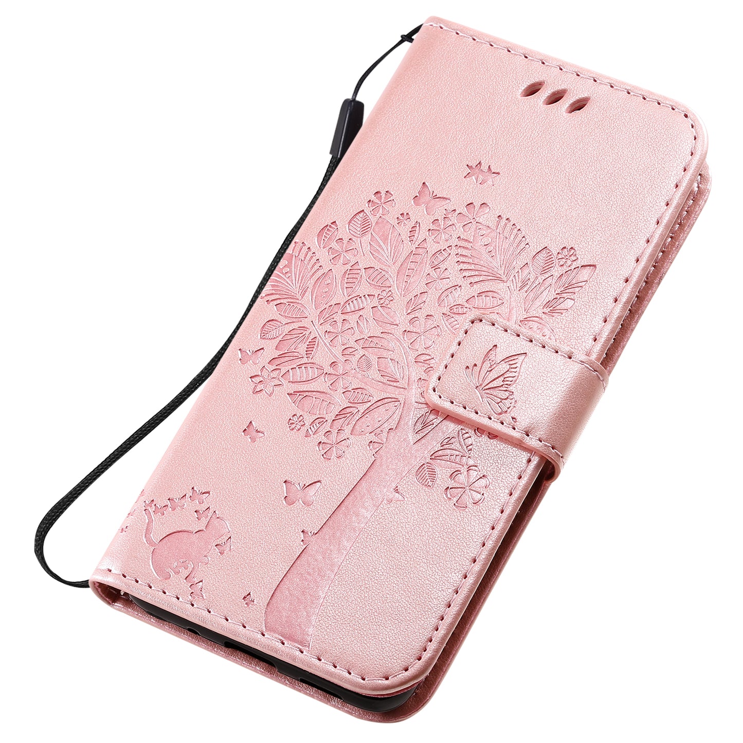 KT Imprinting Flower Series-3 Cat and Tree Imprinting Adjustable Stand Design Leather Cover + TPU Inner Phone Wallet Case for Samsung Galaxy S20 4G/S20 5G - Rose Gold