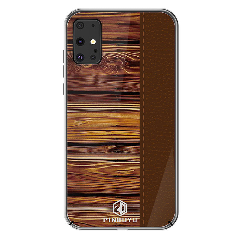 PINWUYO Pin Dun Series Wood Grain Pattern Splicing Protective PC Phone Case Shell for Samsung Galaxy S20 Plus - Brown