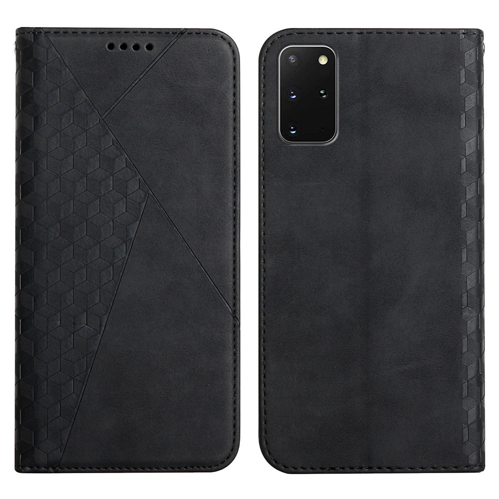 Auto-absorbed Skin-touch Feeling Rhombus Imprint Leather Cover Cell Phone Case with Stand Wallet Design for Samsung Galaxy S20 Plus - Black