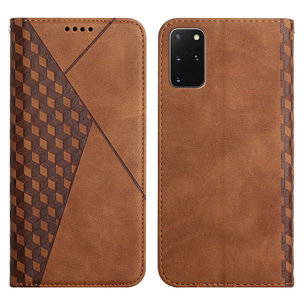 Auto-absorbed Skin-touch Feeling Rhombus Imprint Leather Cover Cell Phone Case with Stand Wallet Design for Samsung Galaxy S20 Plus - Brown