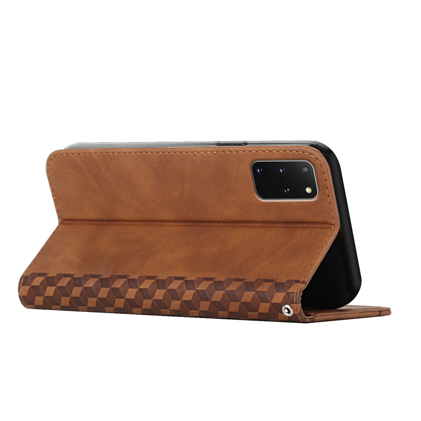 Auto-absorbed Skin-touch Feeling Rhombus Imprint Leather Cover Cell Phone Case with Stand Wallet Design for Samsung Galaxy S20 Plus - Brown