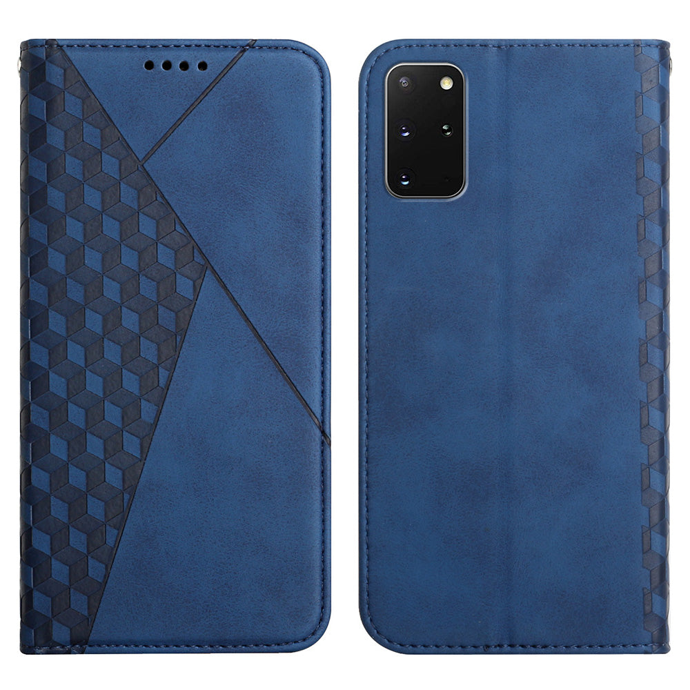 Auto-absorbed Skin-touch Feeling Rhombus Imprint Leather Cover Cell Phone Case with Stand Wallet Design for Samsung Galaxy S20 Plus - Blue