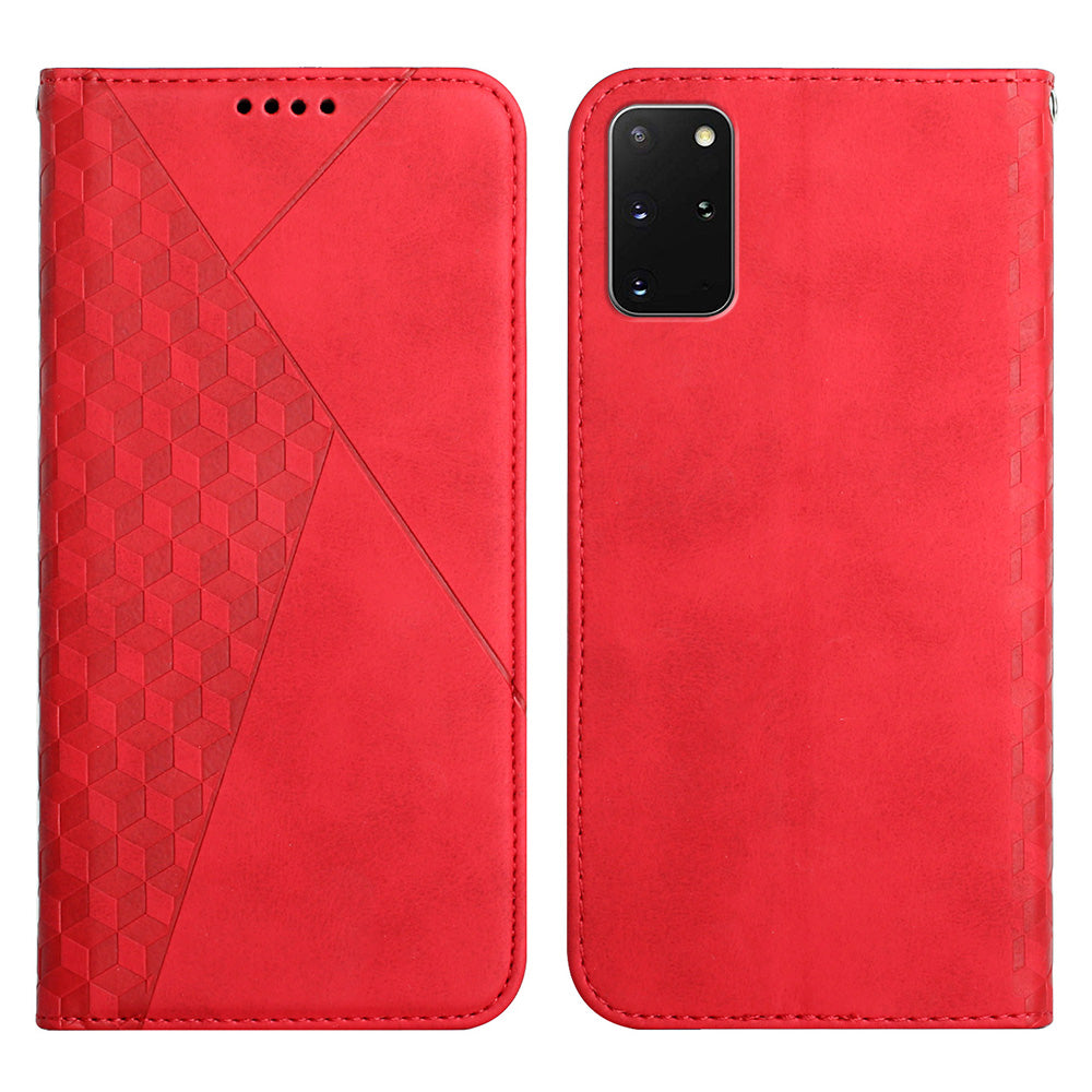Auto-absorbed Skin-touch Feeling Rhombus Imprint Leather Cover Cell Phone Case with Stand Wallet Design for Samsung Galaxy S20 Plus - Red