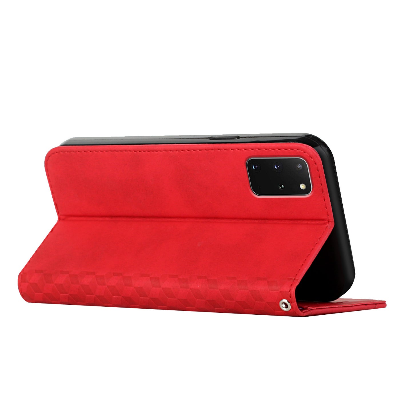 Auto-absorbed Skin-touch Feeling Rhombus Imprint Leather Cover Cell Phone Case with Stand Wallet Design for Samsung Galaxy S20 Plus - Red